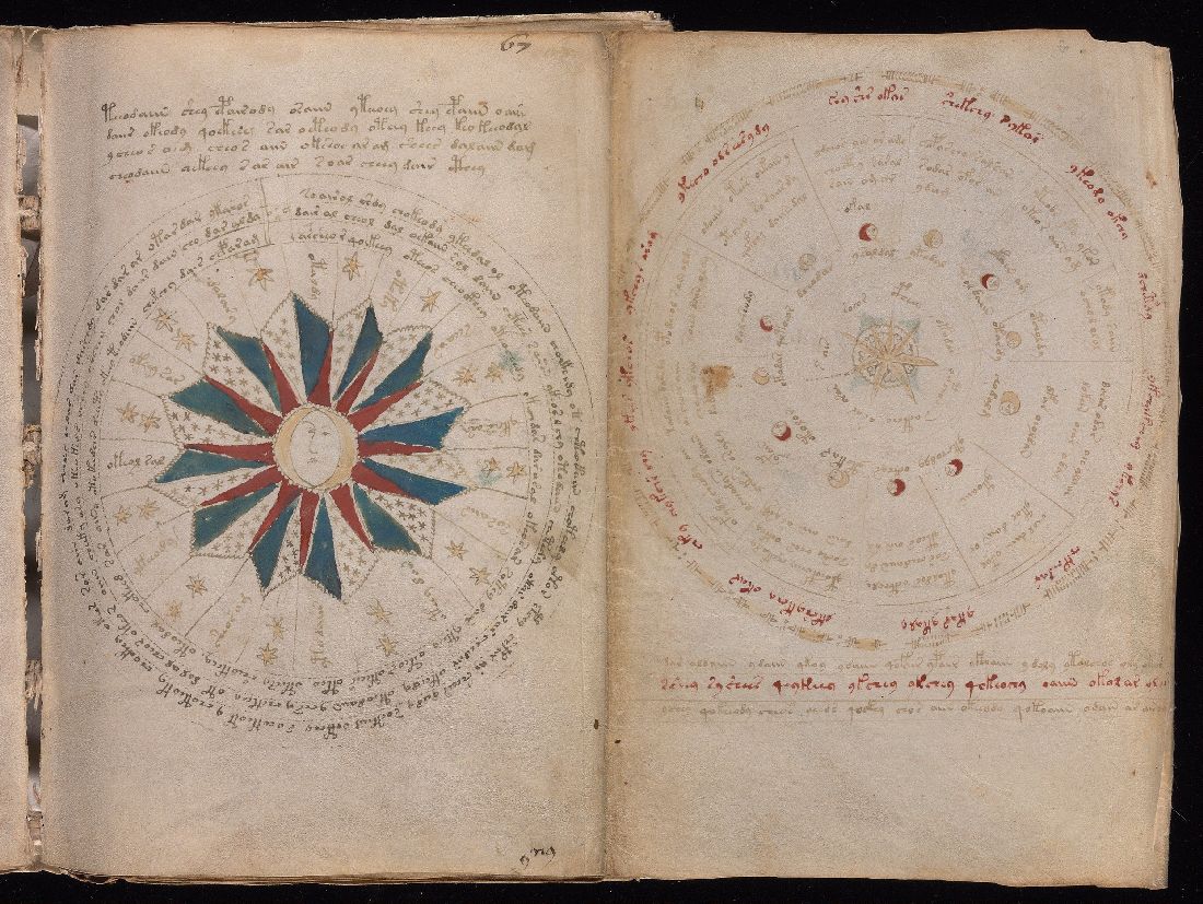Open folio 67r, showing circular celestial diagrams, stars, moons, colored rays, and script.