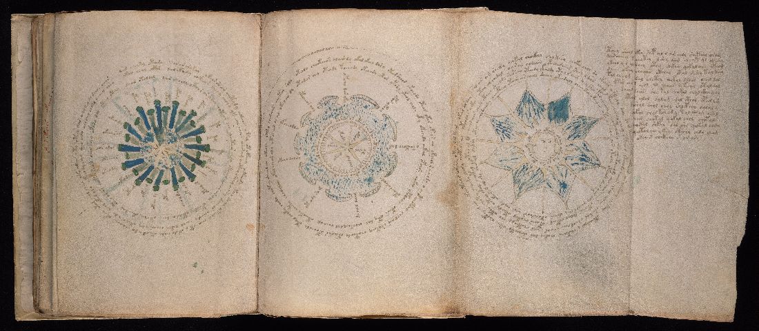 Wide scan containing folio 69 verso with several circular diagrams and surrounding script.