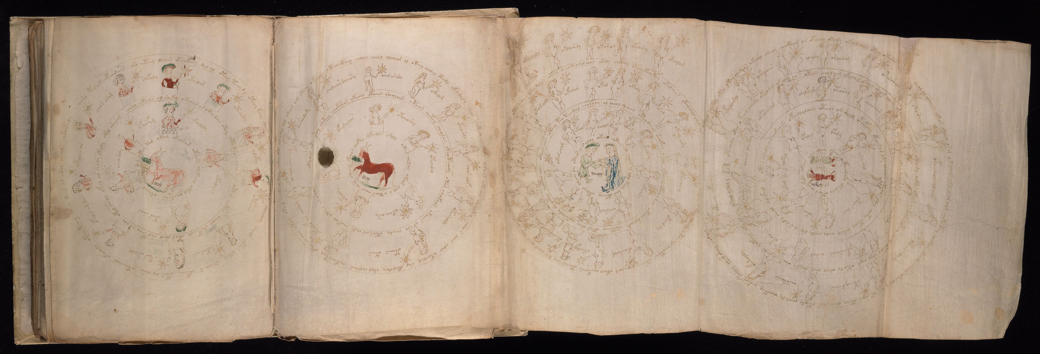 Wide folio 71v scan with three circular ring diagrams, figures, stars, labels, and surrounding script.