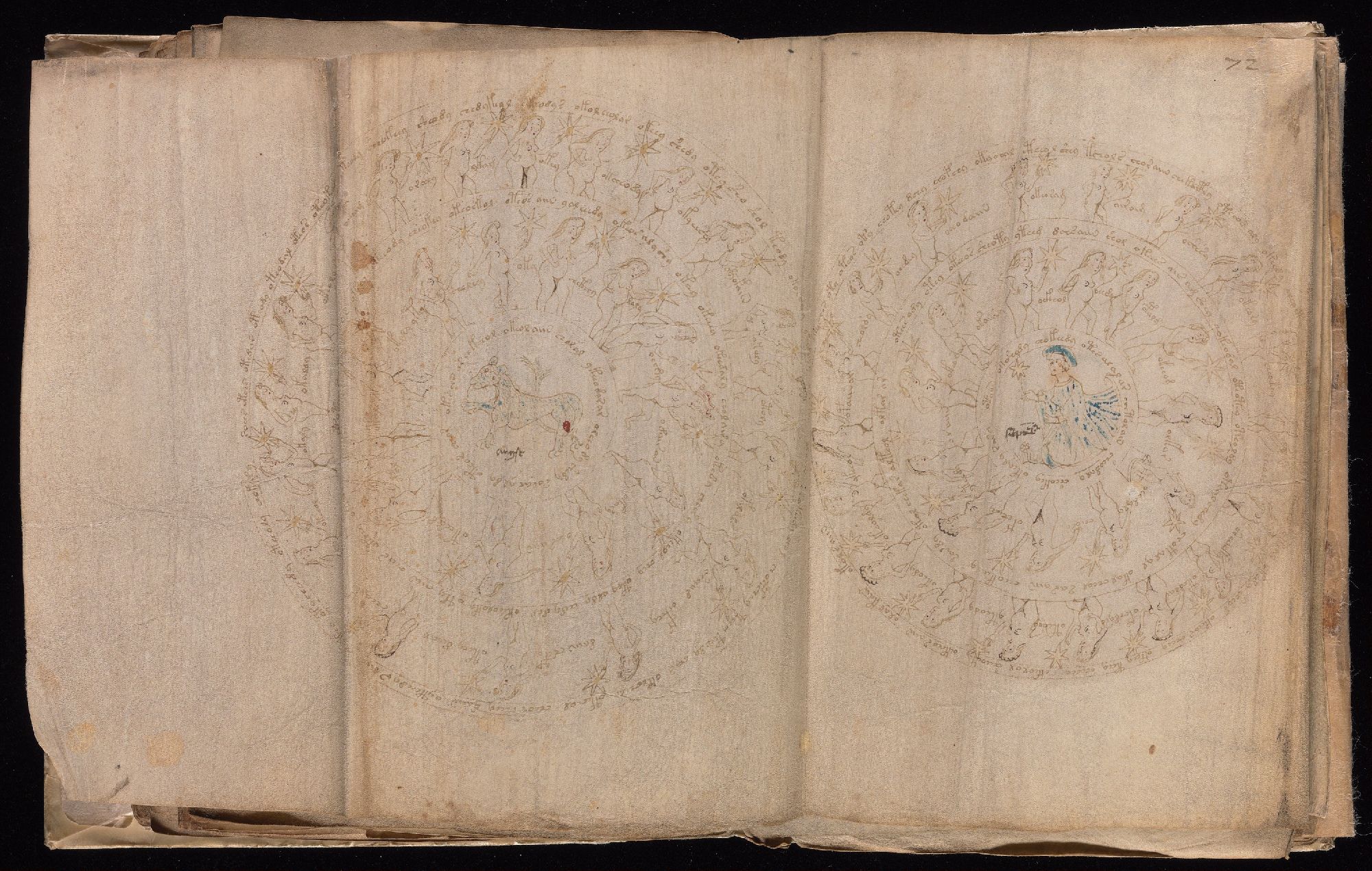 Wide folio 72r foldout with three panels of concentric zodiac rings, figures, stars, labels, and surrounding script.