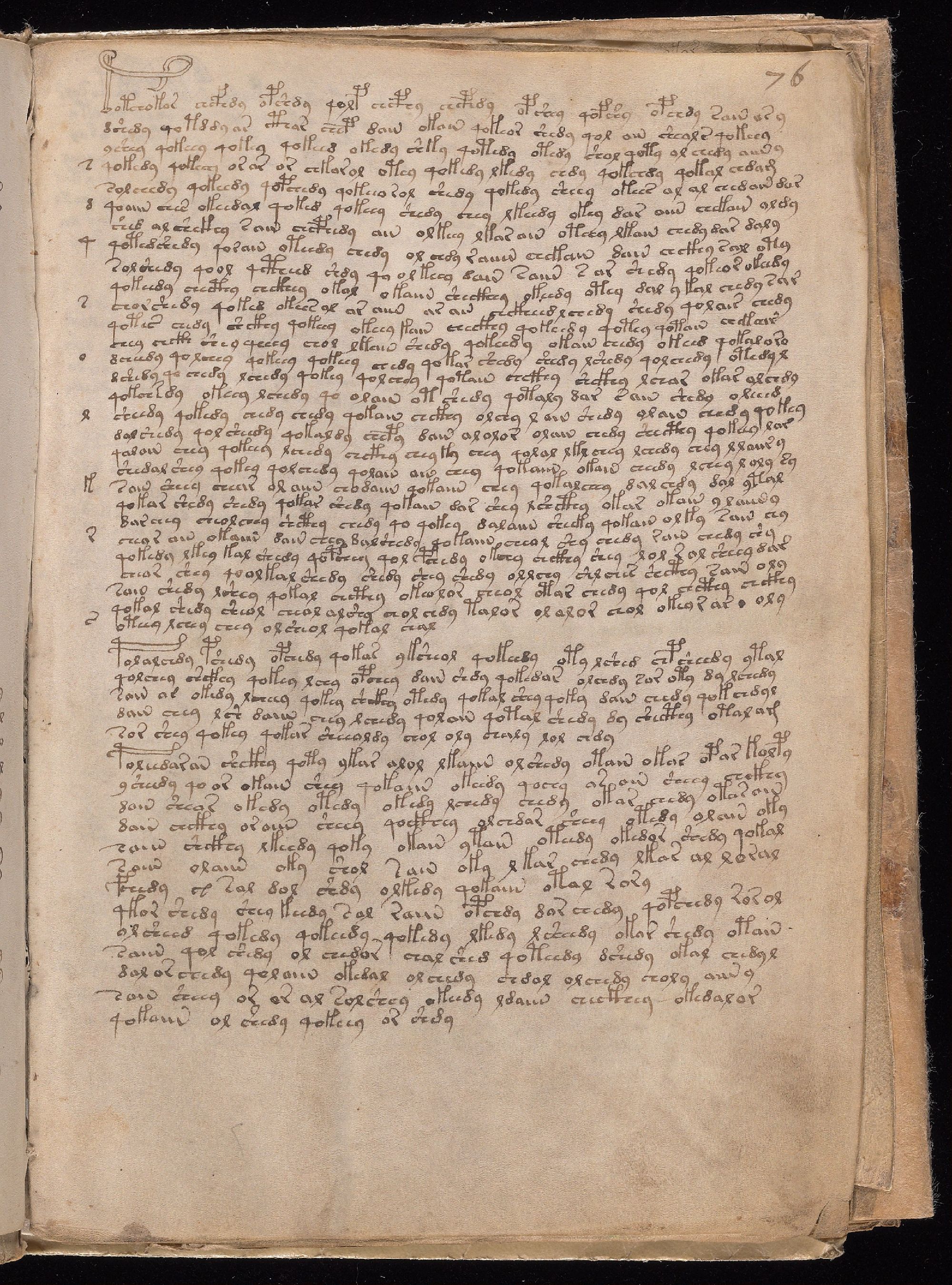 Folio 76r, a dense unillustrated text page with four paragraphs and small section markers.
