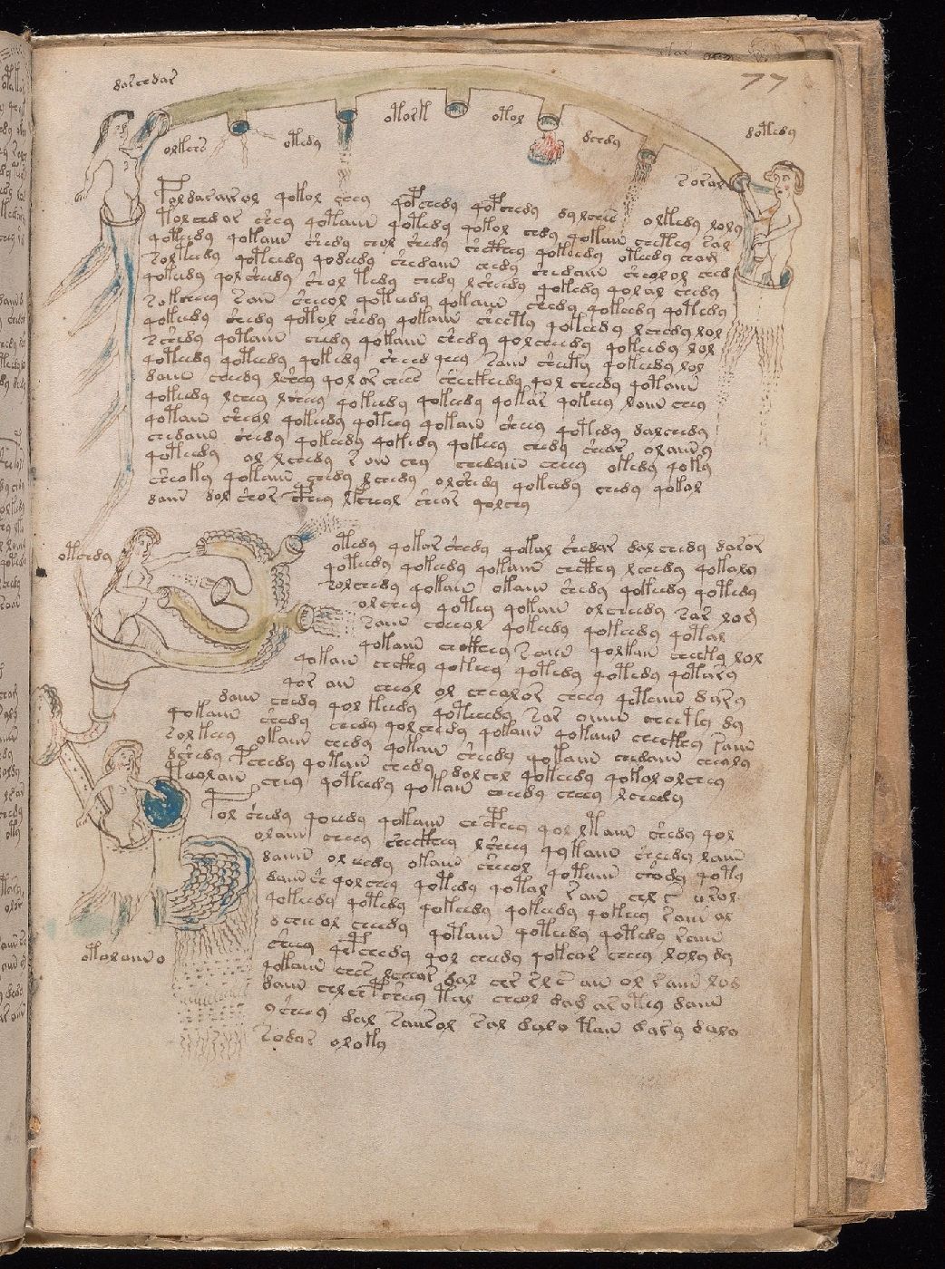 Folio 77r, showing figures, basins, arches, jets, outlets, and dense surrounding script.
