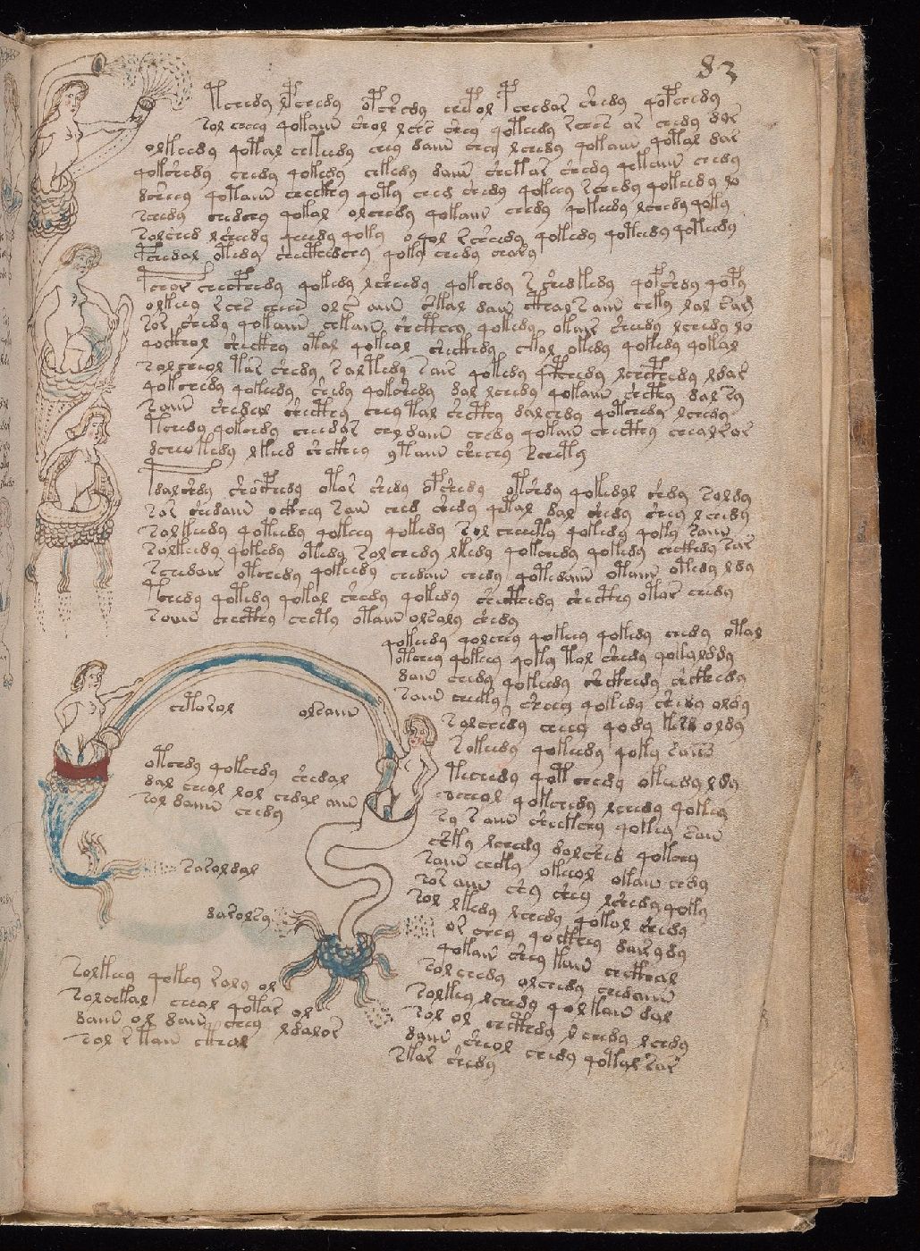 Folio 83r, with figures, pools, channels, and dense script.