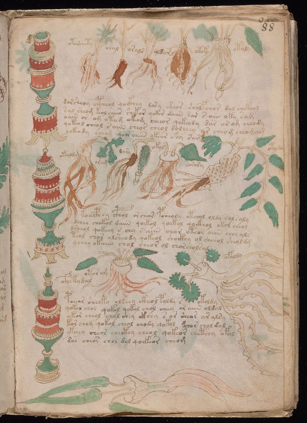 Folio 88r, with three decorated vessels, labeled roots and leaves, and blocks of script.