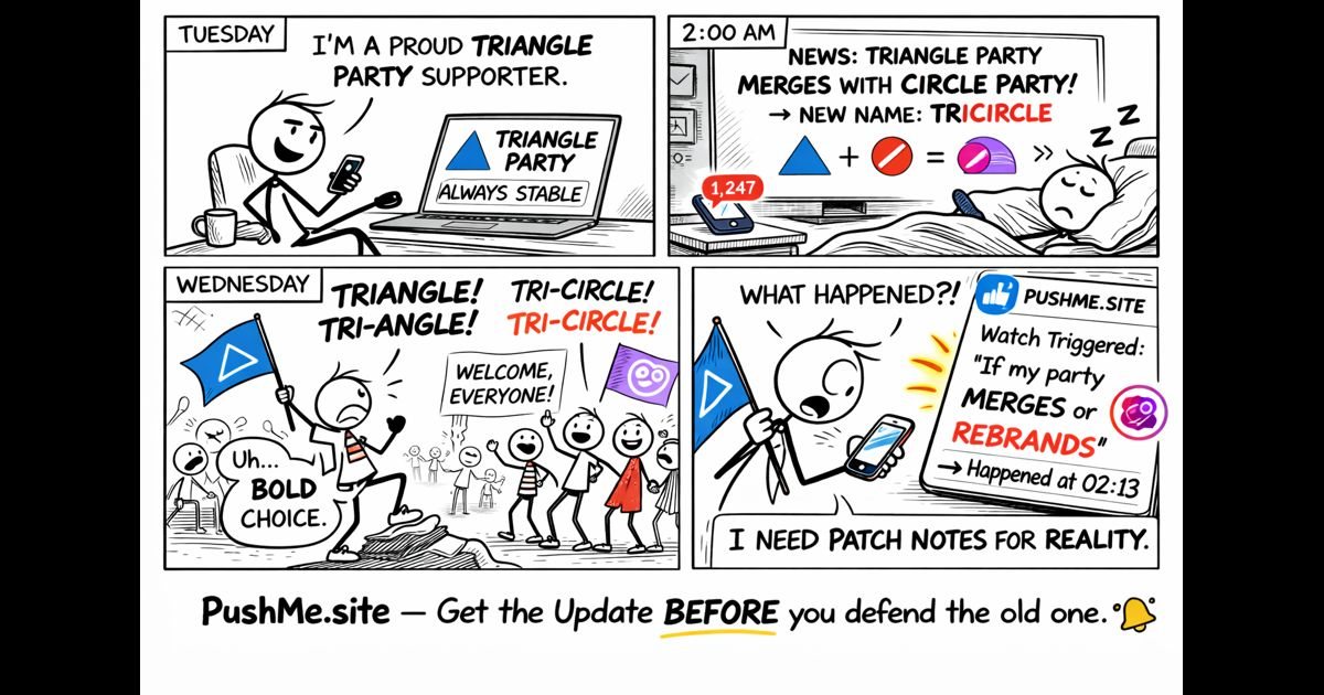 Comic panel presenting political changes as patch notes